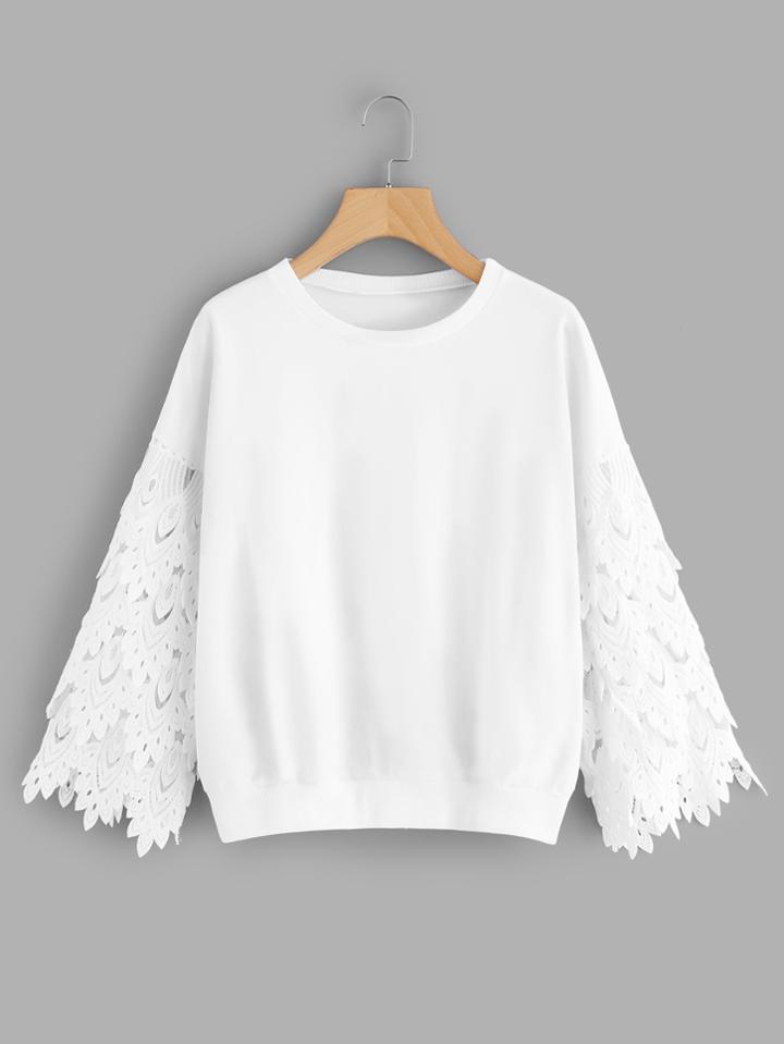 Shein Lace Crochet Contrast Sleeve Sweatshirt
