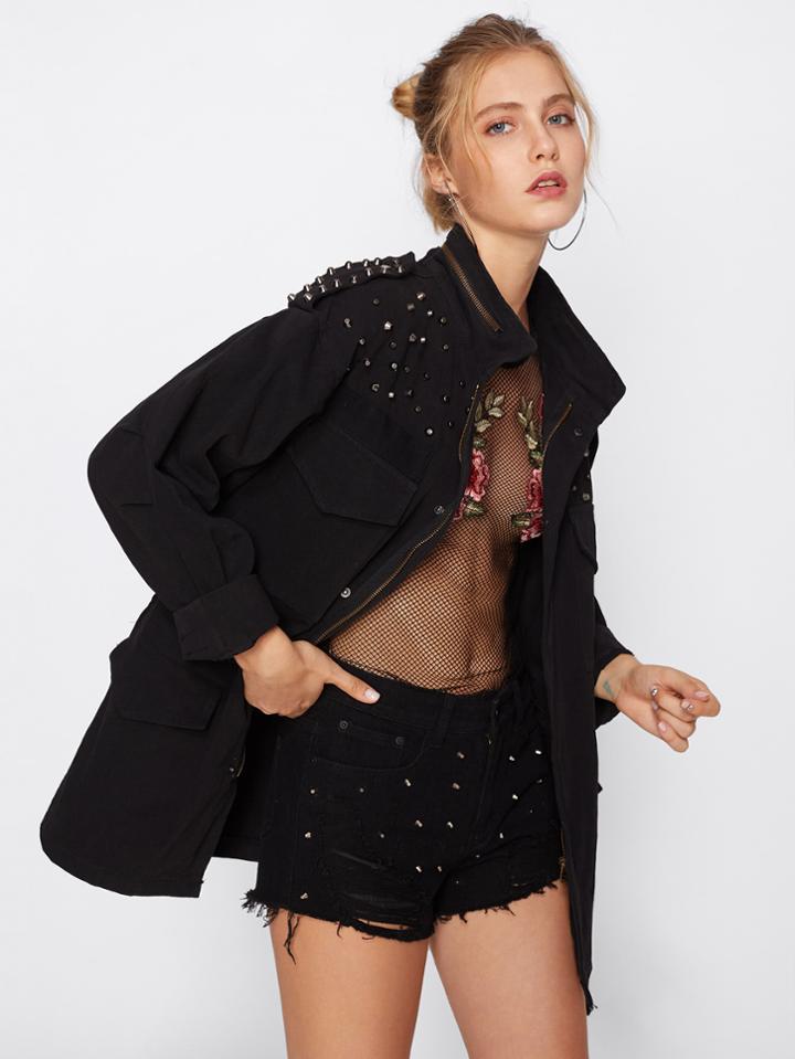 Shein Studded Decoration Drop Shoulder Denim Jacket