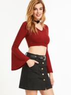 Shein Burgundy V Neck Bell Sleeve Crop Sweater
