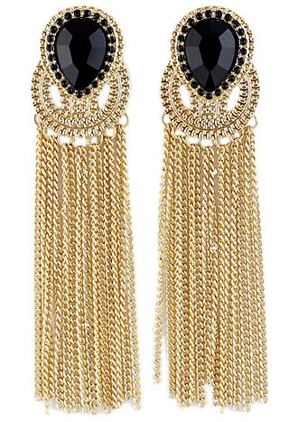 Shein Black Gemstone Gold Chain Tassel Earrings