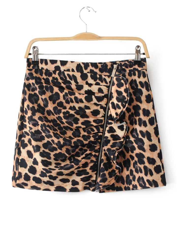Shein Leopard Full Zip Ruffle Detail Skirt