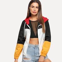 Shein Color Block Zip Up Drawstring Hoodie Coat