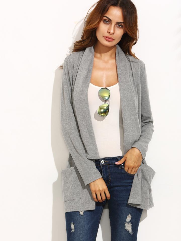 Shein Grey Lapel Pocket Long Sleeve Outerwear