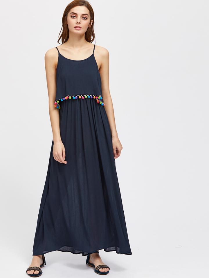 Shein Pom Pom Trim Double Layer Cami Dress