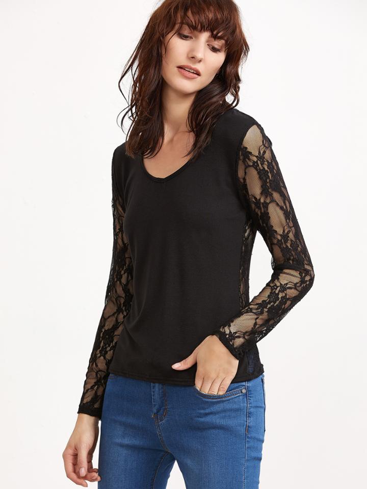 Shein Black Contrast Flower Embroidered Lace T-shirt