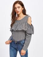 Shein Gingham Open Shoulder Frill Layered Blouse