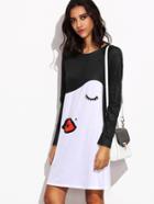 Shein White Kiss Face Print Contrast Raglan Sleeve Dress