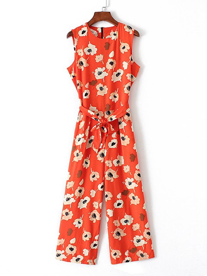 Shein Flower Print Tie Waist Jumpsuit