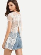 Shein White Eyelash Trim Open Back Blouse