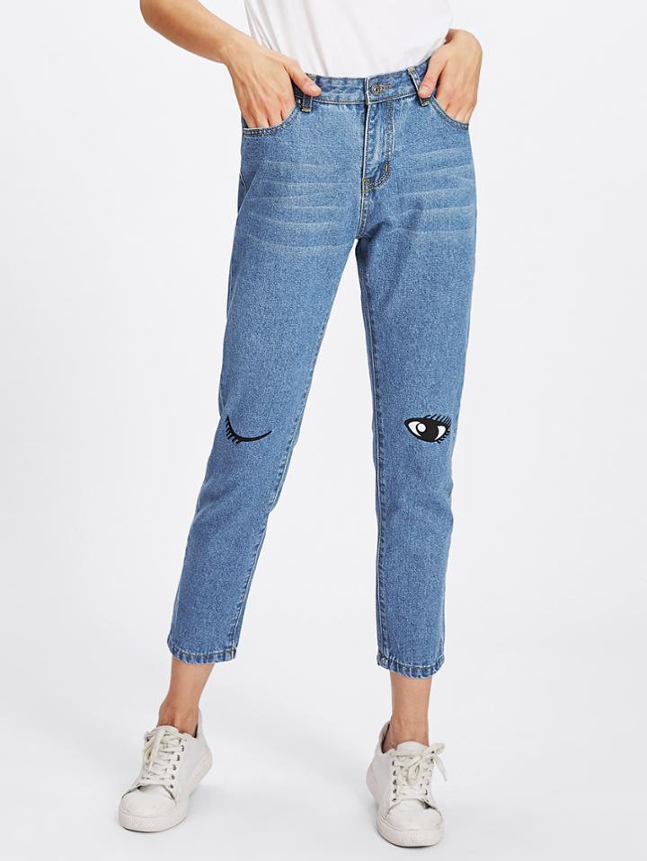 Shein Embroidered Winky Eye Knee Crop Jeans