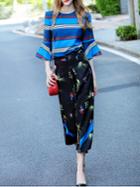 Shein Blue Color Block Bell Sleeve Top With Pleated Skirt