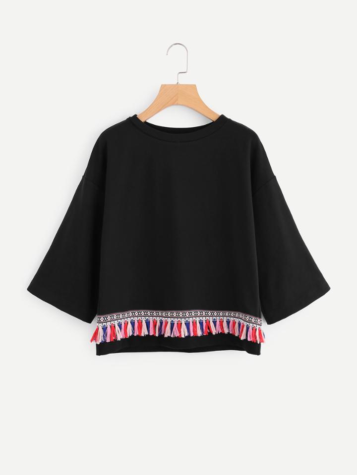 Shein Drop Shoulder Tasseled Tape Applique Pullover