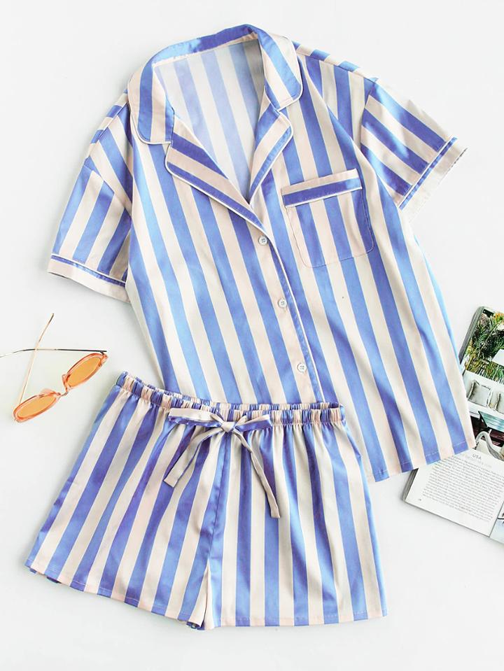 Shein Piping Detail Pocket Front Shirt And Shorts Pajama Set