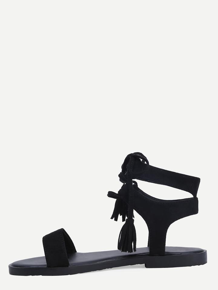 Shein Black Open Toe Tassel Ankle Strap Sandals