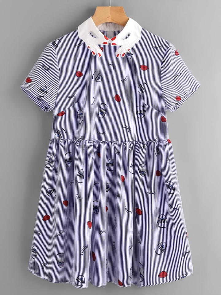 Shein Contrast Hand Pattern Collar Facing Print Smock Dress