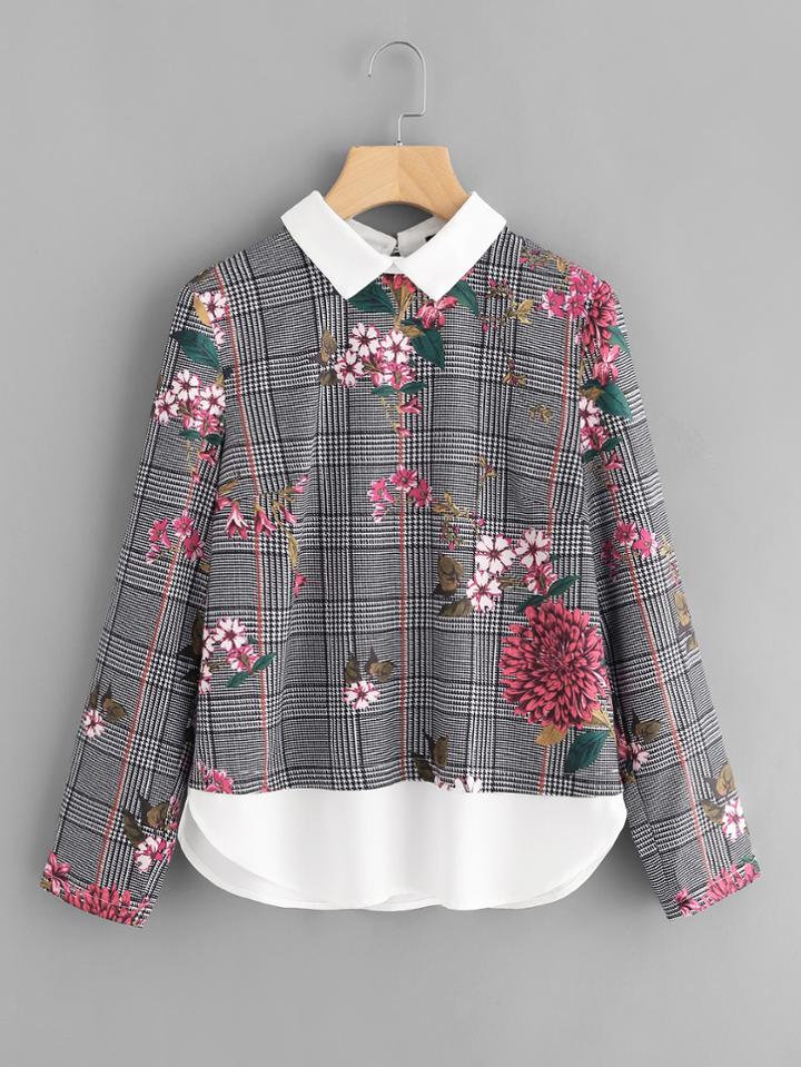 Shein Mixed Print Curved Hem 2 In 1 Blouse
