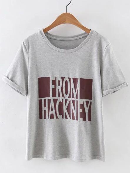 Shein Grey Short Sleeve Roll Cuff Letters Print T-shirt