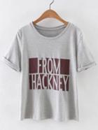 Shein Grey Short Sleeve Roll Cuff Letters Print T-shirt