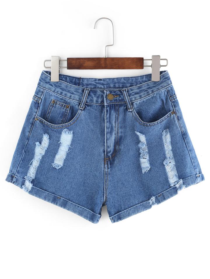 Shein Frayed Roll Hem Light Blue Denim Shorts