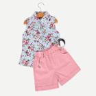 Shein Girls Floral Print Vest With Rolled Hem Shorts