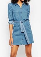 Rosewe Turndown Collar Pocket Design Denim Shirt Dress