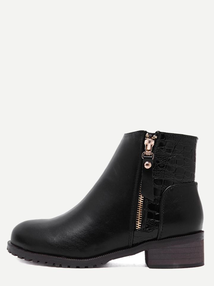 Shein Black Faux Leather Croc Embellished Ankle Booties