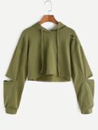 Shein Army Green Hooded Ripped Crop Sweatshirt