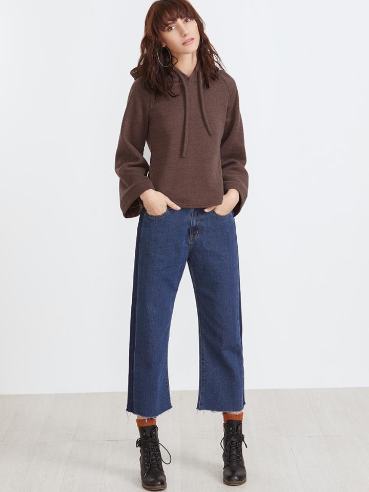 Shein Brown Hooded Raglan Sleeve Slit Side Curved Hem Sweatshirt