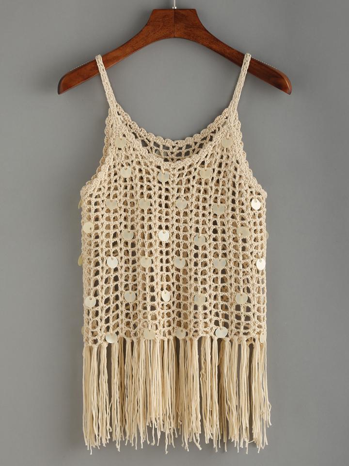 Shein Spaghetti Strap Sequined Fringe Eyelet Sweater Cami Top