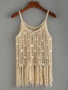 Shein Spaghetti Strap Sequined Fringe Eyelet Sweater Cami Top