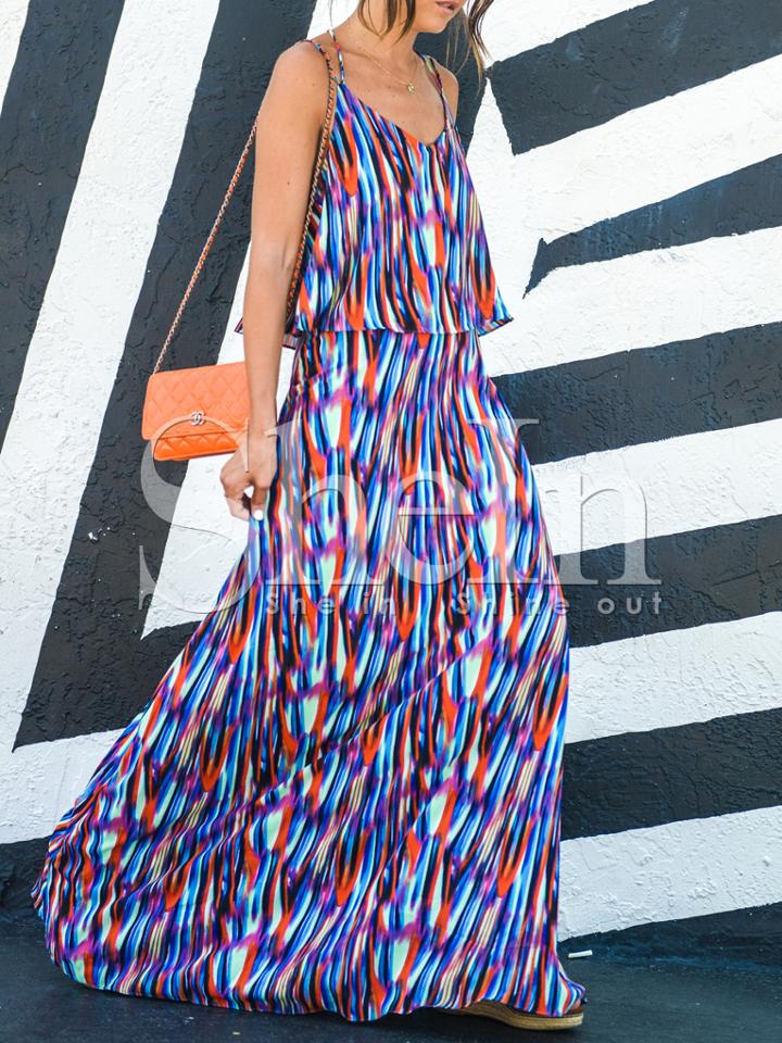 Shein Blue Spaghetti Strap Layer Boho Maxi Dress