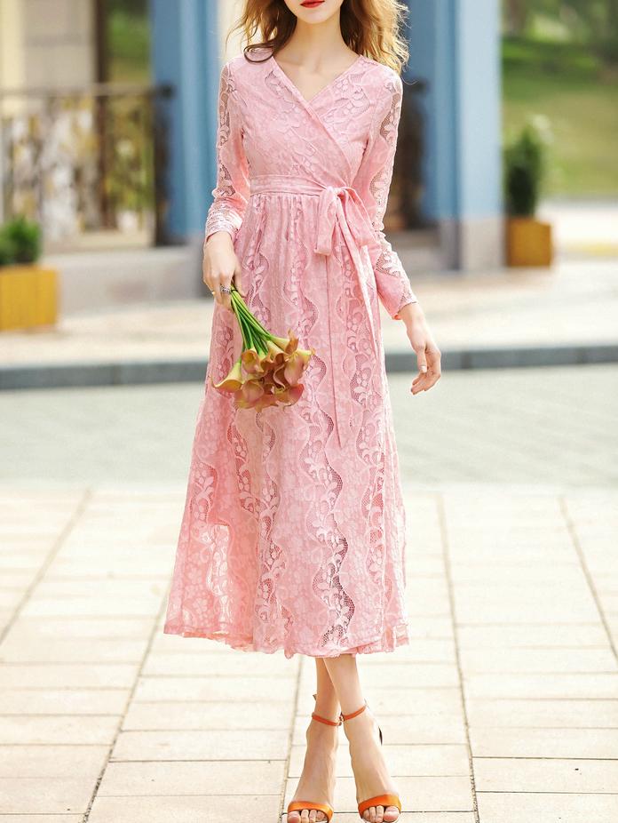 Shein Pink V Neck Tie-waist Lace Long Dress