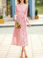 Shein Pink V Neck Tie-waist Lace Long Dress