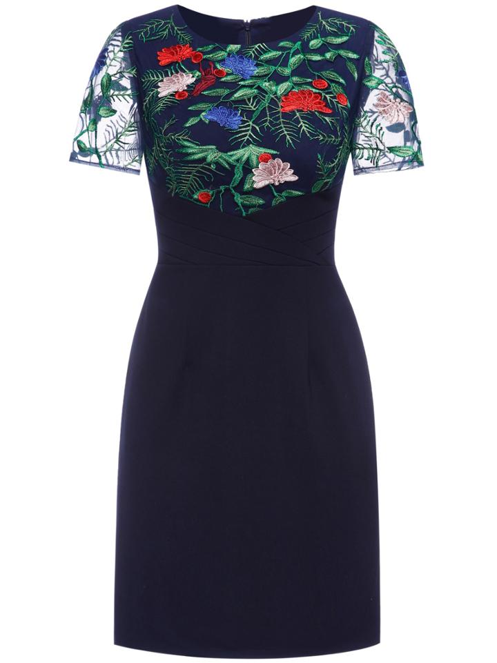 Shein Navy Gauze Flowers Embroidered Sheath Dress