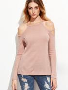 Shein Pink Strappy Cold Shoulder Ribbed T-shirt