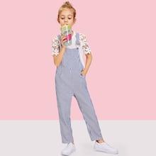Shein Girls Pocket Front Striped Pinafore Jumpsuit