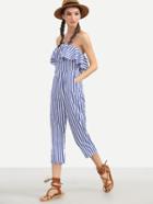 Shein Blue Striped Halter Neck Ruffle Pocket Jumpsuit