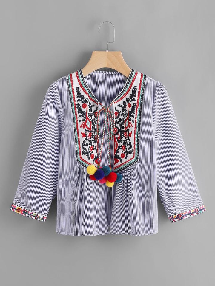 Shein Pom Pom Tie Neck Embroidered Yoke And Cuff Striped Blouse