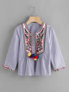 Shein Pom Pom Tie Neck Embroidered Yoke And Cuff Striped Blouse