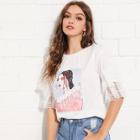 Shein 3d Applique Layered Lace Embellished Sleeve Tee