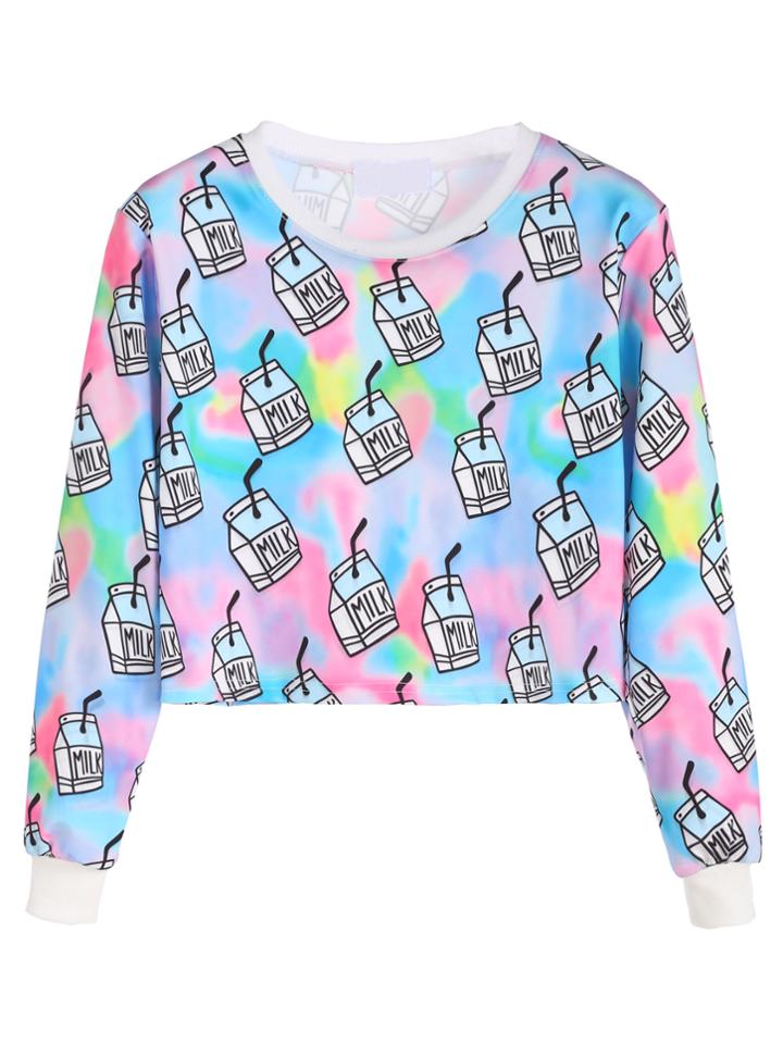 Shein Multicolor Milk Box Print Crop Sweatshirt