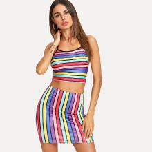 Shein Multi-stripe Crop Halter Top With Skirt