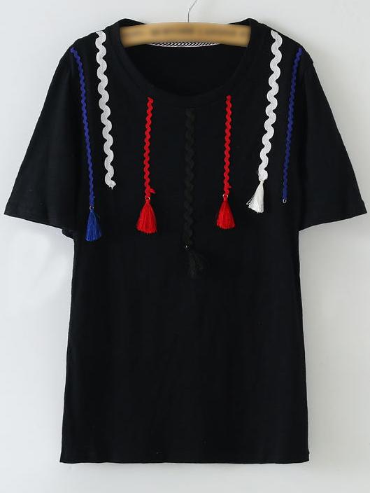 Shein Black Short Sleeve Ribbon Tassels T-shirt