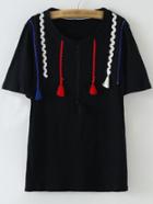 Shein Black Short Sleeve Ribbon Tassels T-shirt