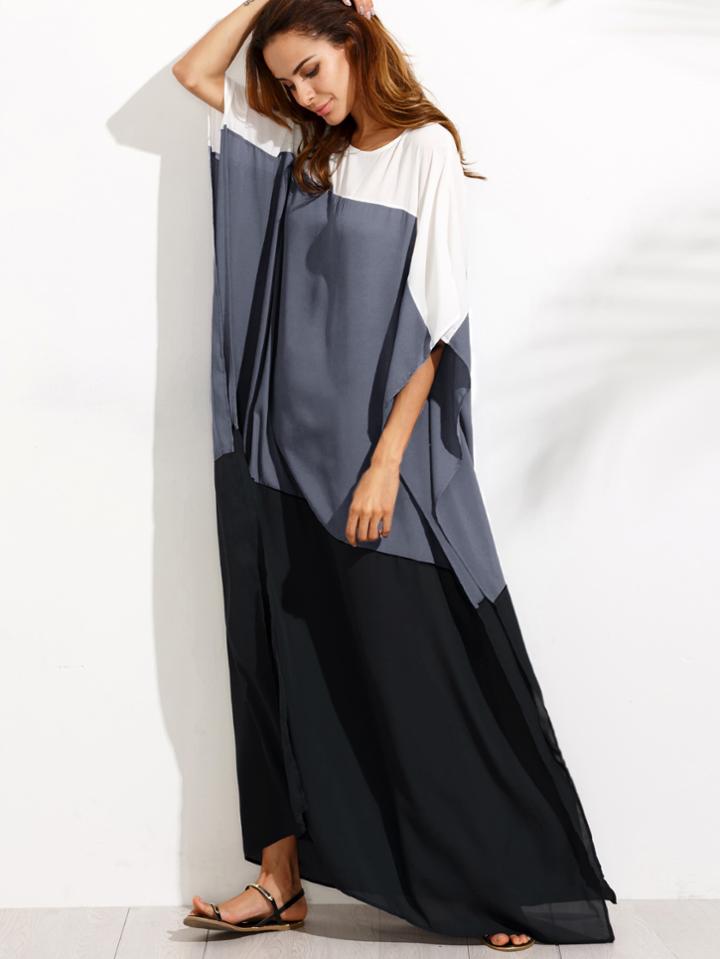 Shein Color Block Slit Side Chiffon Poncho Dress