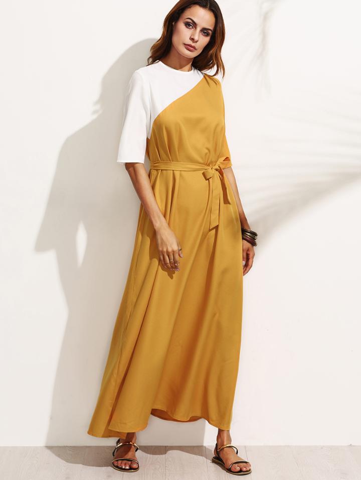 Shein Colorblock Tie Waist Half Sleeve Long Dress