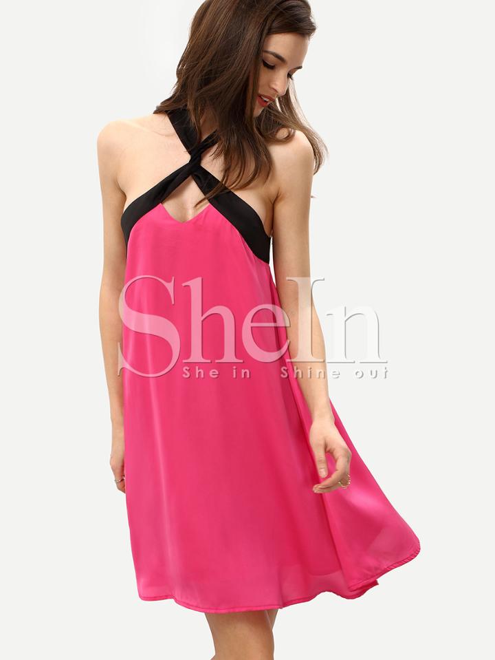 Shein Rose Black Crisscross Neck Sleeveless Shift Dress