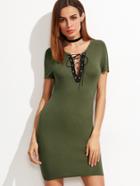 Shein Olive Green Contrast Lace Up V Neck Bodycon Dress