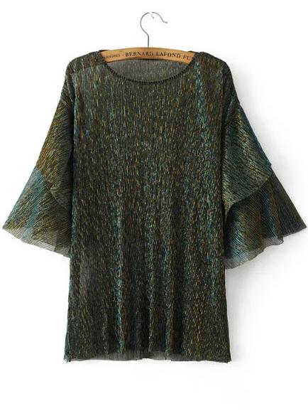 Shein Green Layered Sleeve Sparkle Blouse