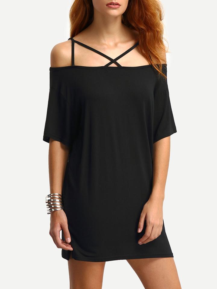 Shein Off-the-shoulder Crisscross Dress - Black
